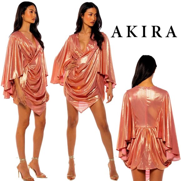 Akira Dresses & Skirts - 💥BOMBSHELL!💥Asymmetrical Draped Kimono Sleeve Dress in Metallic Pink